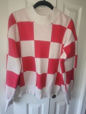 Fushia Pink & White Checker Crew Neck Sweater
